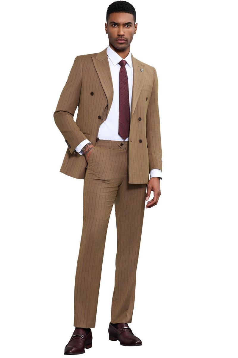 Men's Stacy Adams Double Breasted Pinstripe Suit in Camel - 38 Regular