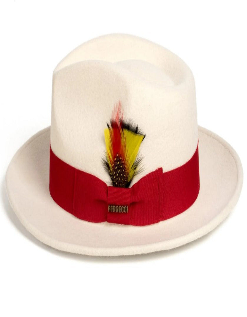 White and Red Dress Hat 1920s Fedora Style - Mens Classic Wool Fedora Dress Hat in White and Red - S