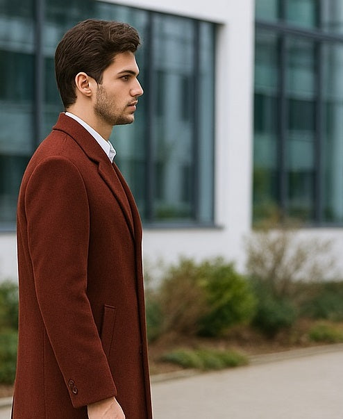 Men's Dress Coat Full Length Wool Dress Top Coat / Overcoat in Burgundy Overcoat - 44 Regular
