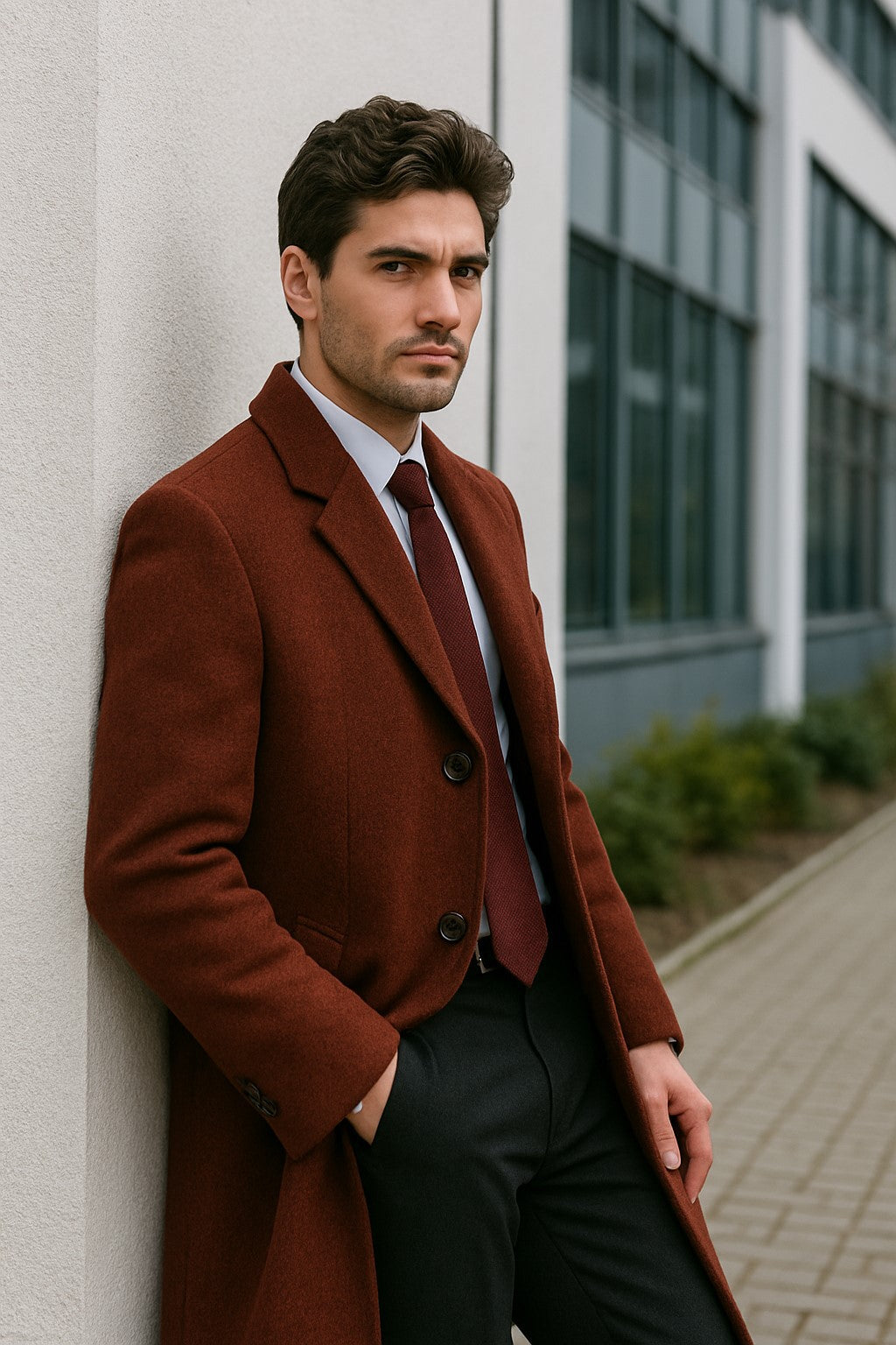 Men's Dress Coat Full Length Wool Dress Top Coat / Overcoat in Burgundy Overcoat - 44 Regular