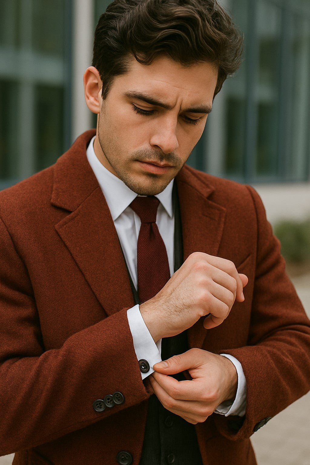 Men's Dress Coat Full Length Wool Dress Top Coat / Overcoat in Burgundy Overcoat - 44 Regular