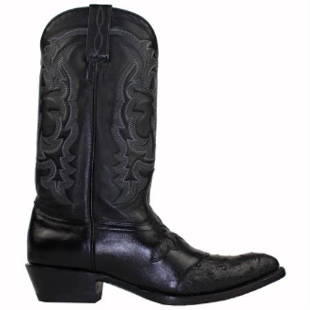 Men's Black Semi Oval Toe Genuine Ostrich Handmade Dress Cowboy Boot Cheap Priced For Sale Online - Botas De Avestruz - 6EE