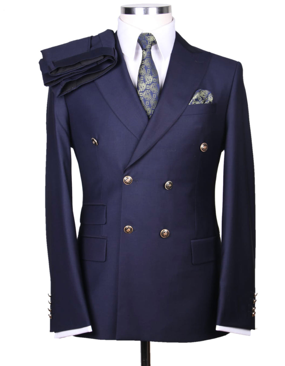 Mens Designer Double Breasted Wool Suit with Gold Buttons in Navy - New Arrival - 38 Short Jacket+32 Waist Adjustable 28to34)(Height: 5 4 to5 7 )(Neck  15-16.5)S-M)