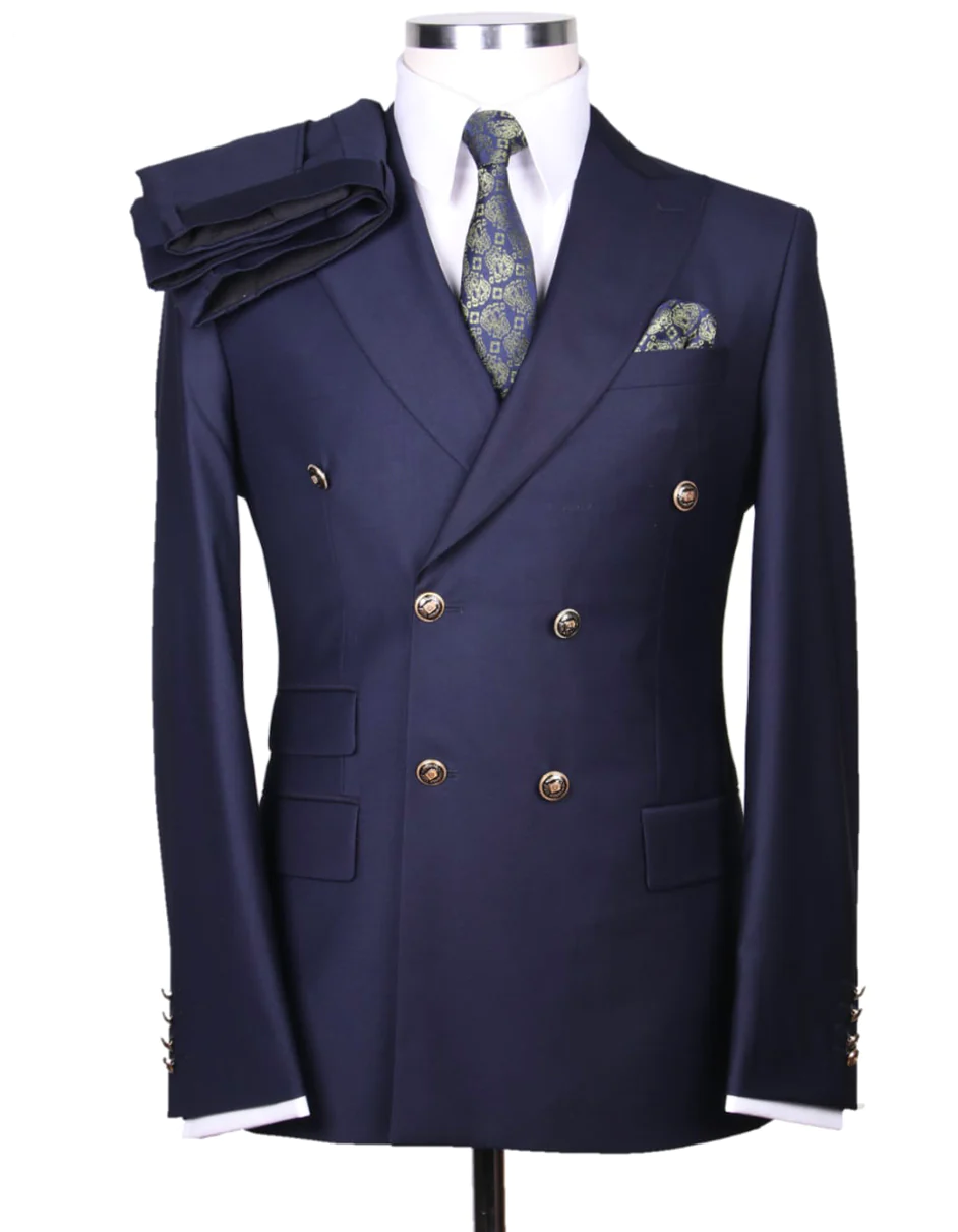 Best Mens Designer Modern Fit Double Breasted Wool Suit with Gold Buttons in Navy  - For Men  Fashion Perfect For Wedding or Prom or Business  or Church