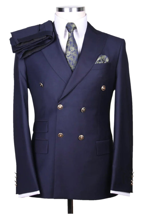 Best Mens Designer Modern Fit Double Breasted Wool Feel Suit - Designer Brand with Gold Buttons in Navy  - For Men  Fashion Perfect For Wedding or Prom 2026 or Business  or Church