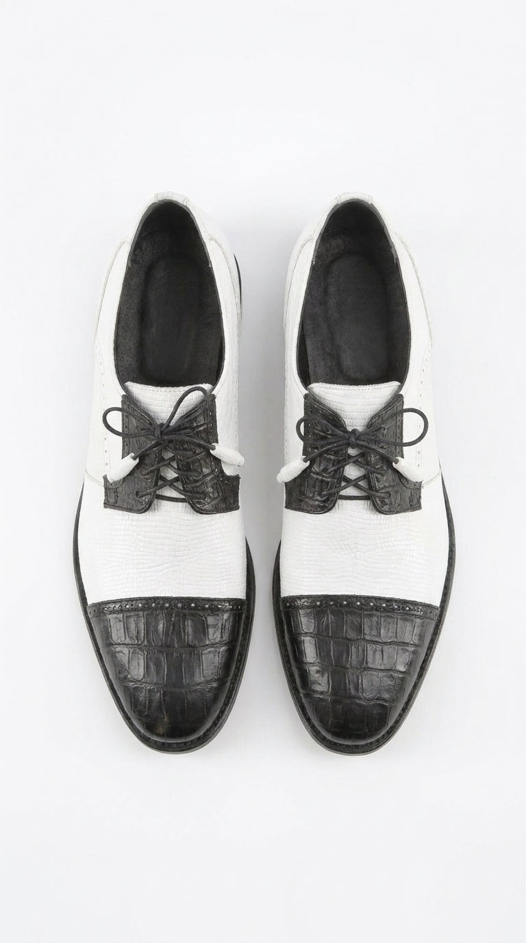 Los Altos Men’s Black and White Genuine Teju Lizard and Caiman Lace-Up Dress Shoes - US 8.0 Standard/D/ Medium / Eu:41-42