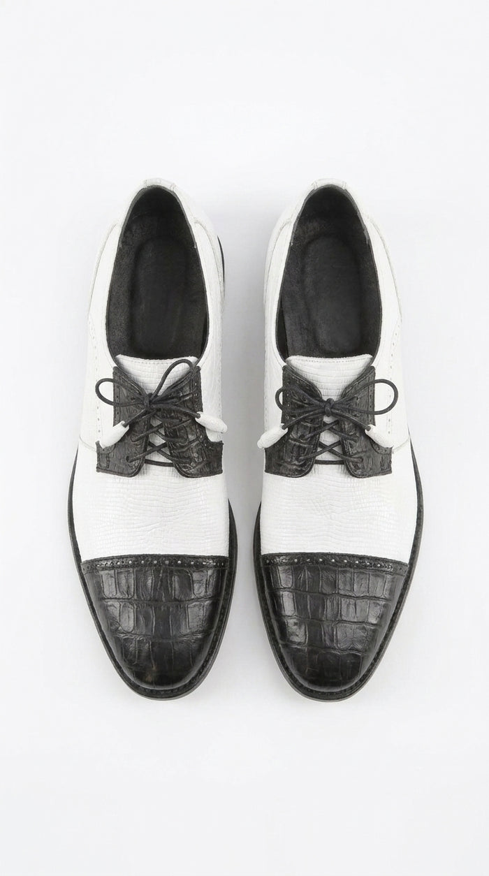 Los Altos Men’s Black and White Genuine Teju Lizard and Caiman Lace-Up Dress Shoes