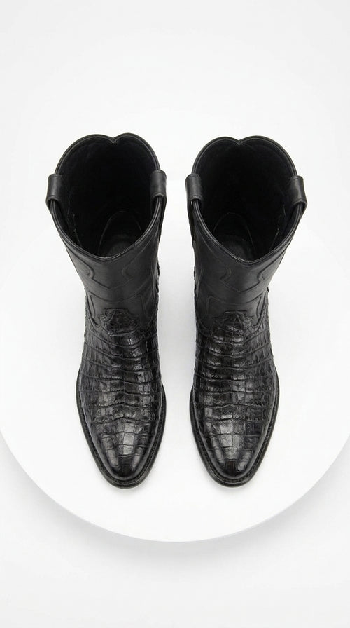 Men’s Black Caiman Belly Roper Boots, Exotic Western Cowboy Dress Boots