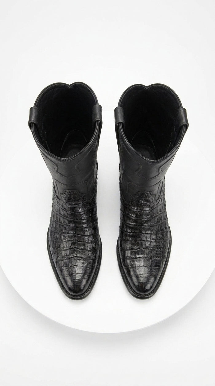 Men’s Black Caiman Belly Roper Boots, Exotic Western Cowboy Dress Boots