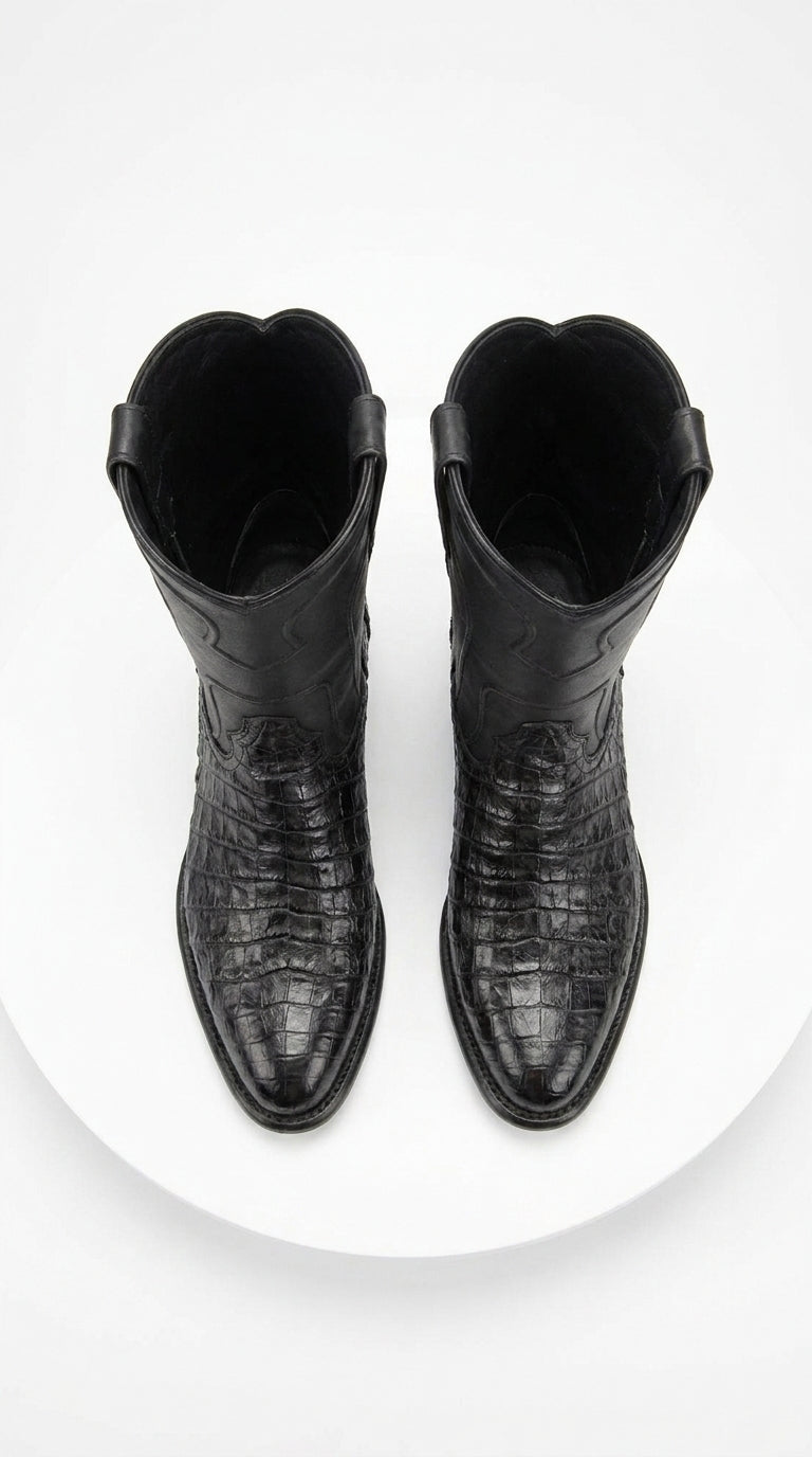 Men’s Black Caiman Belly Roper Boots, Exotic Western Cowboy Dress Boots