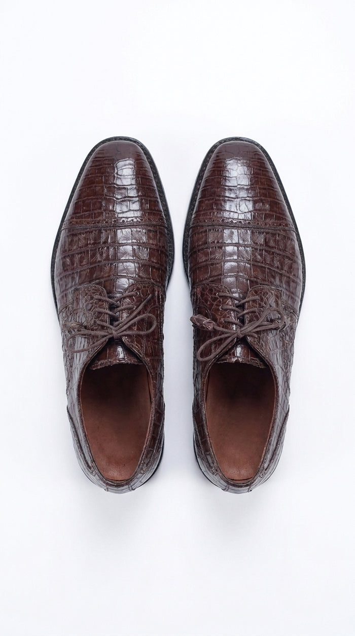 Men’s Original Exotic Caiman Belly Skin Shoes ZV098207, Brown Lace-Up Formal Dress Shoes