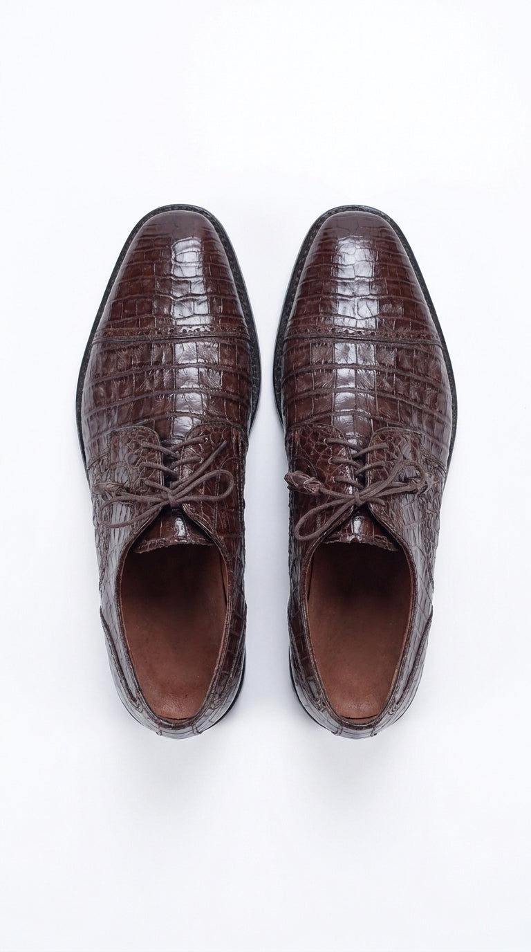 Men’s Original Exotic Caiman Belly Skin Shoes ZV098207, Brown Lace-Up Formal Dress Shoes