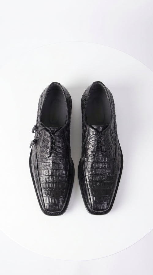 Men’s Original Exotic Caiman Belly Skin Shoes ZV038205, Black Lace-Up Formal Dress Shoes