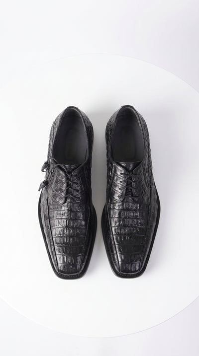 Men’s Original Exotic Caiman Belly Skin Shoes ZV038205, Black Lace-Up Formal Dress Shoes