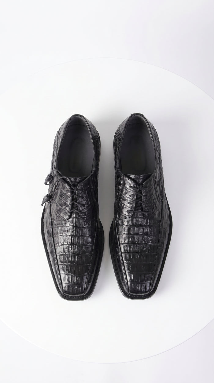 Men’s Original Exotic Caiman Belly Skin Shoes ZV038205, Black Lace-Up Formal Dress Shoes
