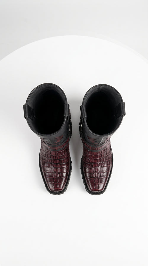 Men’s Los Altos Black and Burgundy Caiman Tail Skin Biker Boots, Exotic Western Motorcycle Boots