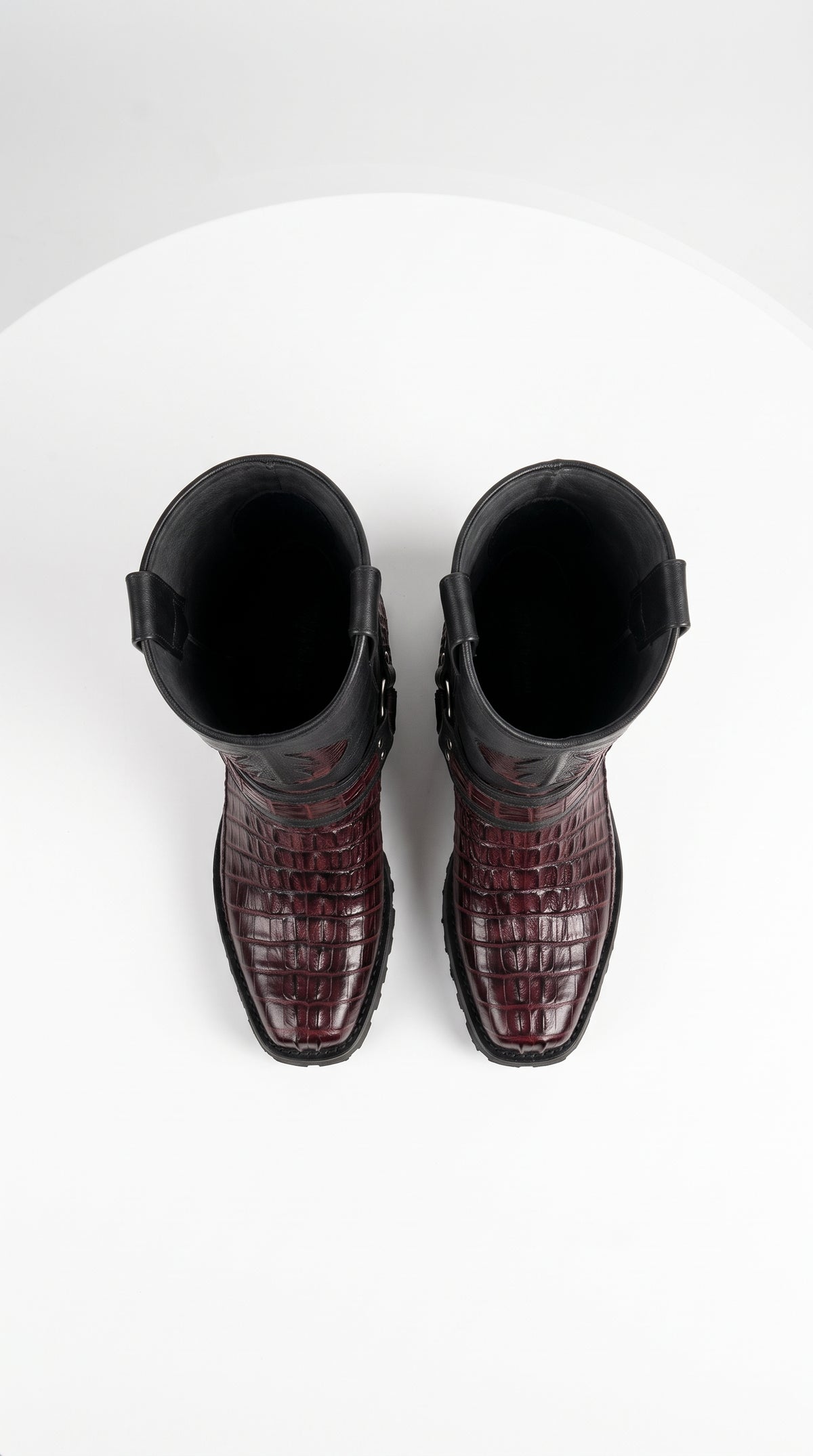 Men’s Los Altos Black and Burgundy Caiman Tail Skin Biker Boots, Exotic Western Motorcycle Boots