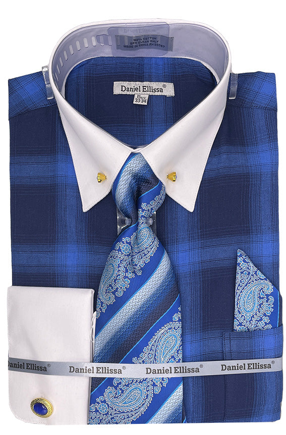 Blue Plaid Flannel Men's Dress Shirt & Tie Set - Contrast Collar - 15Â½ 33/34