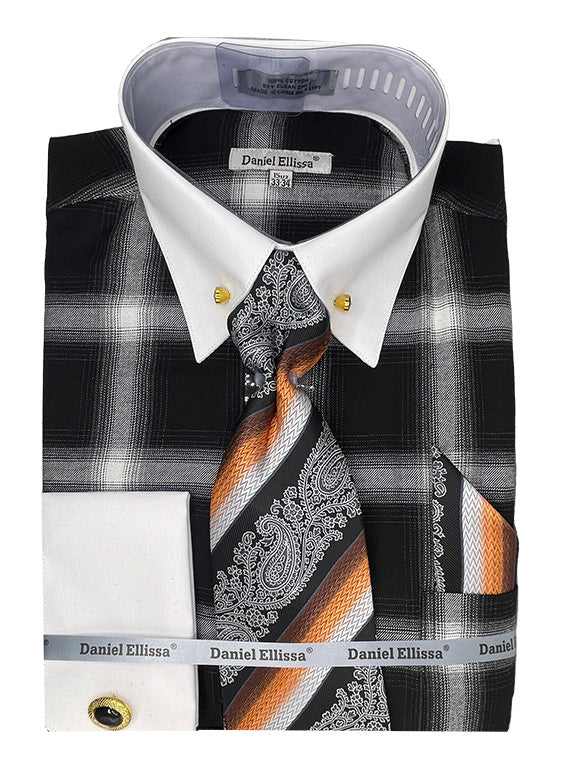 "Men's Plaid Flannel Dress Shirt & Tie Set - Black, Contrast Collar"
