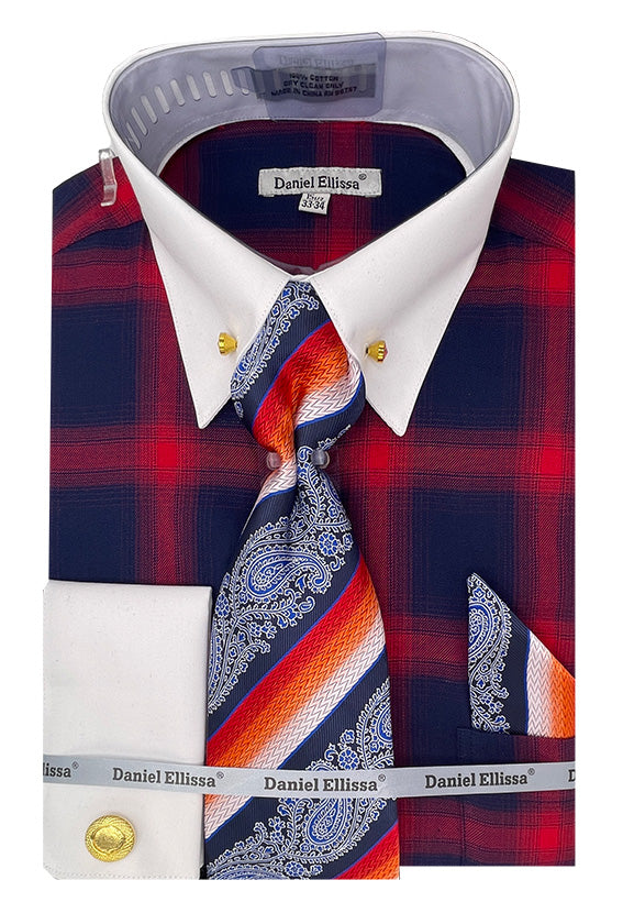 "Red Plaid Flannel Men's Dress Shirt & Tie Set - Contrast Collar"