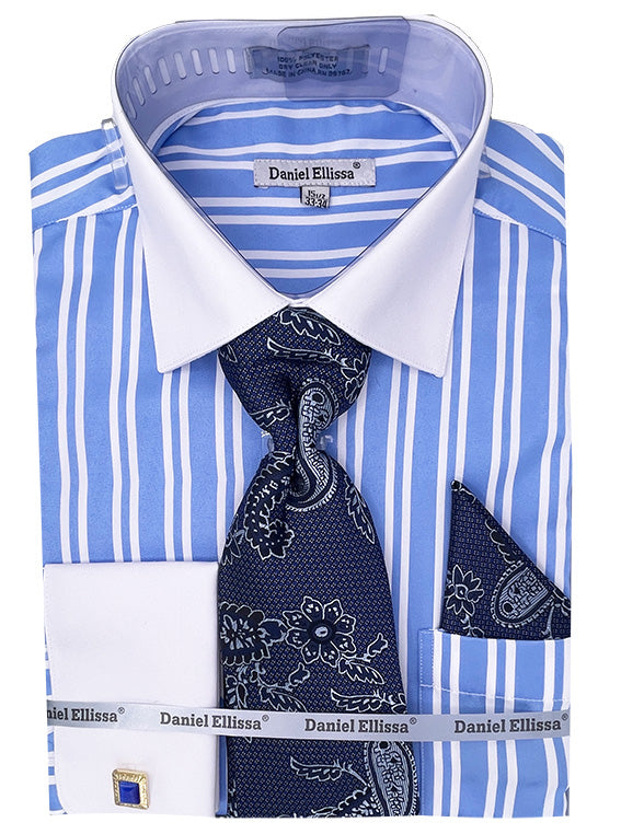 Blue Double Stripe Men's Dress Shirt with White Collar & French Cuffs