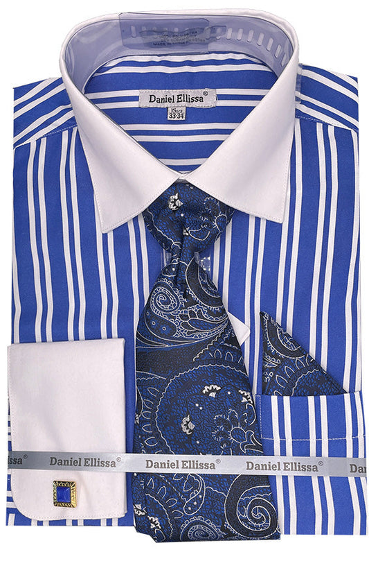 "Royal Blue Men's Dress Shirt with White Collar & French Cuff - Double Stripe"