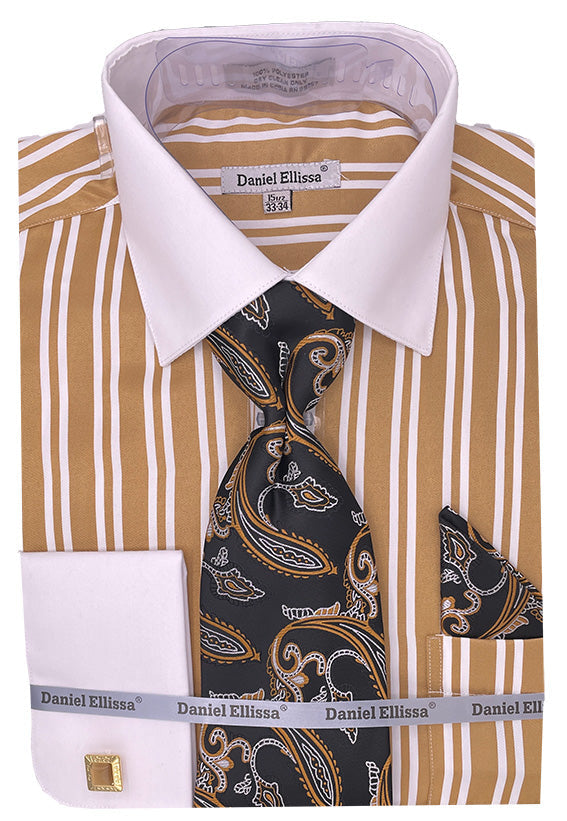 Beige Double Stripe Men's Dress Shirt with White Collar & French Cuffs