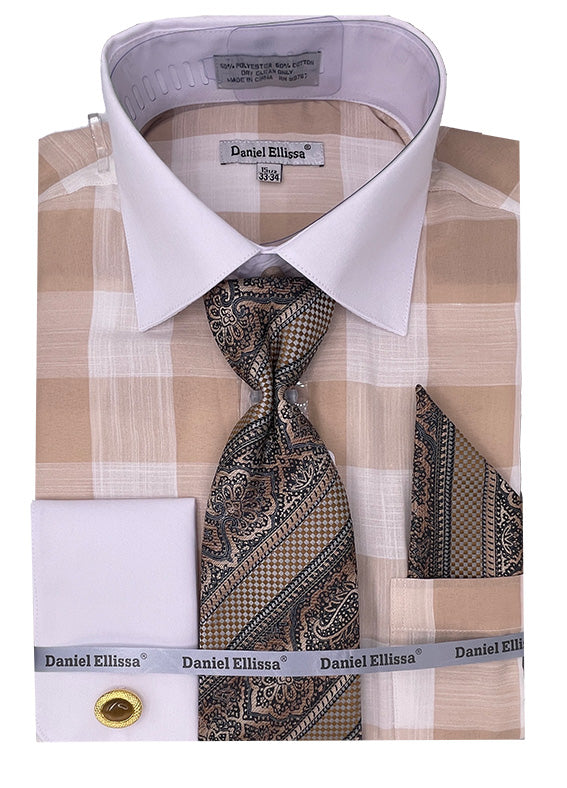 "Picnic Plaid Men's Dress Shirt Set - Contrast Collar & French Cuff, Beige" - 15Â½ 33/34