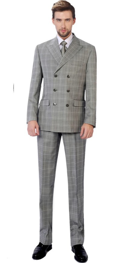 Mens 2-Piece Classic Fit Dual Side Vent Double Breasted Peak Lapel Plaid Suit - Coat Size 38