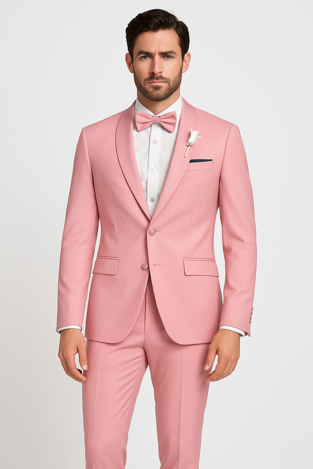 Dusty Rose Pink Tuxedo for Men â€“ One Button Satin Lapel Wedding Prom Suit with Bow Tie - 34 Short or Extra Small