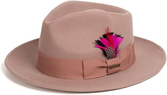 Gangster 100% Australian Wool Crushable Mens Fedora Hat - Removable Feather Gangster Dusty Pink Mens Fedora Hat - Small