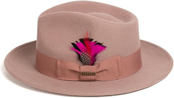Gangster 100% Australian Wool Crushable Mens Fedora Hat - Removable Feather Gangster Dusty Pink Mens Fedora Hat - Small