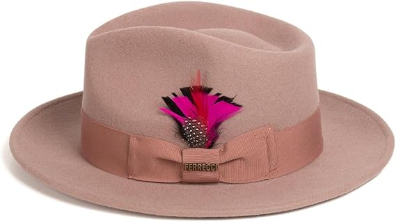 Gangster 100% Austrailian Wool Crushable Mens Fedora Hat - Removable Feather Gangster Dusty Pink Mens Fedora Hat - Small