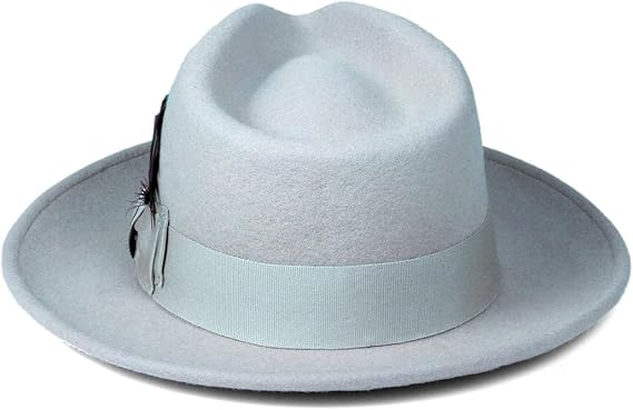 Gangster 100% Australian Wool Crushable Mens Fedora Hat - Removable Feather Gangster Sky Blue Mens Fedora Hat - S