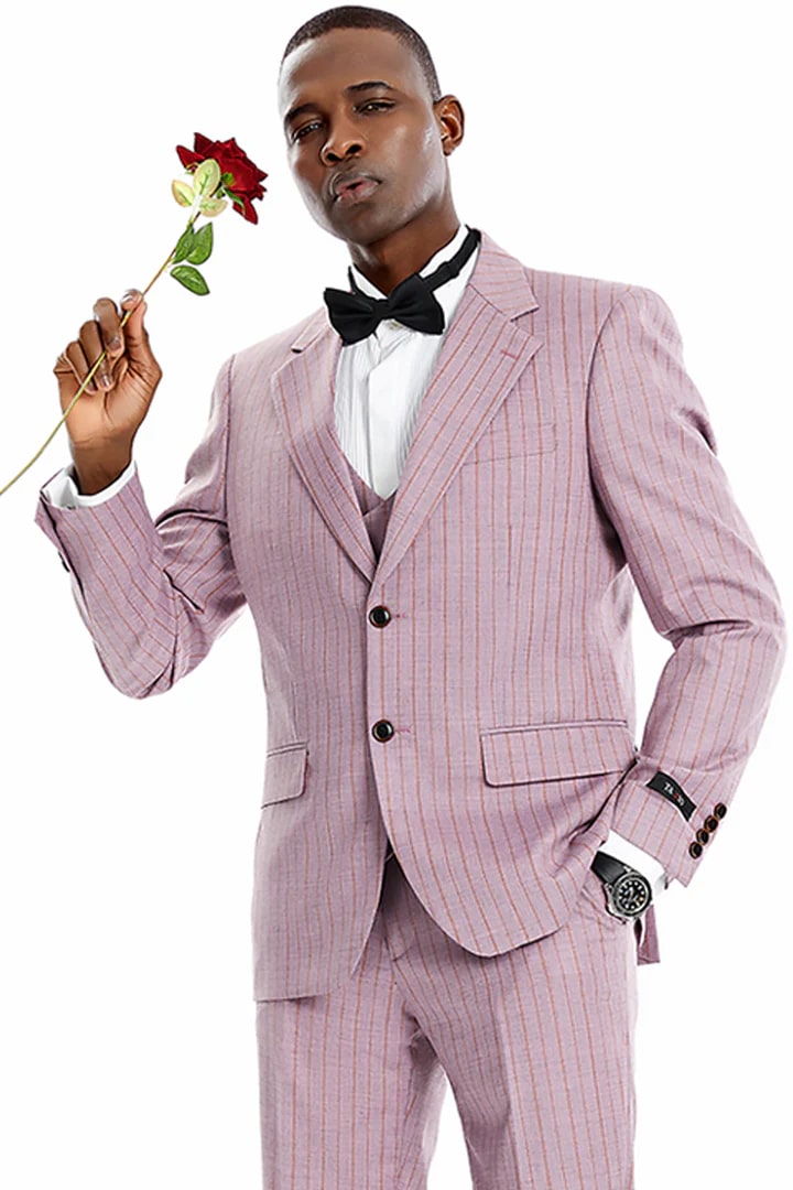 Cheap Suit - Men's Two Button Vested Wide Notch Lapel Vintage Style Pinstripe Dusty Rose Suit