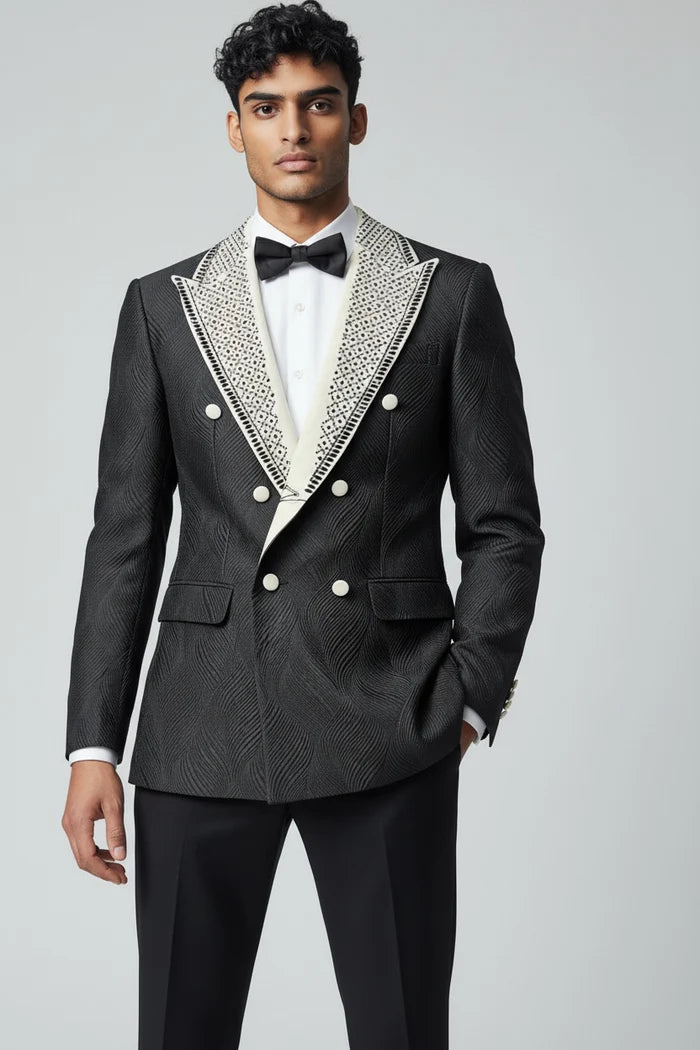 Men’s Romeo Black & White Jacquard Tuxedo – Double Breasted Peak Lapel Formal Suit - 34 Short or Extra Small
