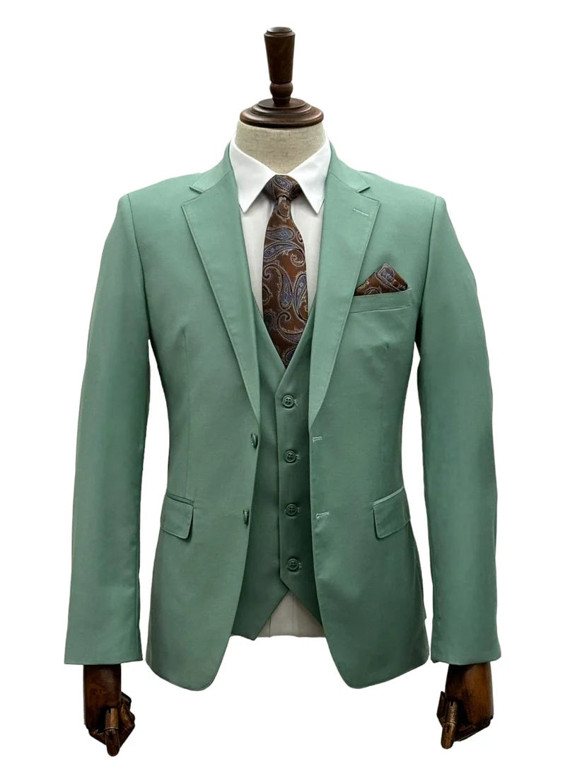 Mens Giovanni Testi Mint 3 Piece Suit – Modern Fit 2 Button Notch Lapel with Pick Stitching & Flex Waist Pants - 34 Short or Extra Small