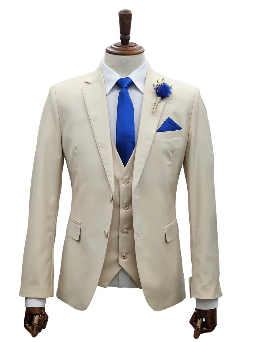 Mens Giovanni Testi Sand 3 Piece Suit – Formal 2 Button Blazer, Vest & Comfort Flex Waist Trousers - 34 Short or Extra Small