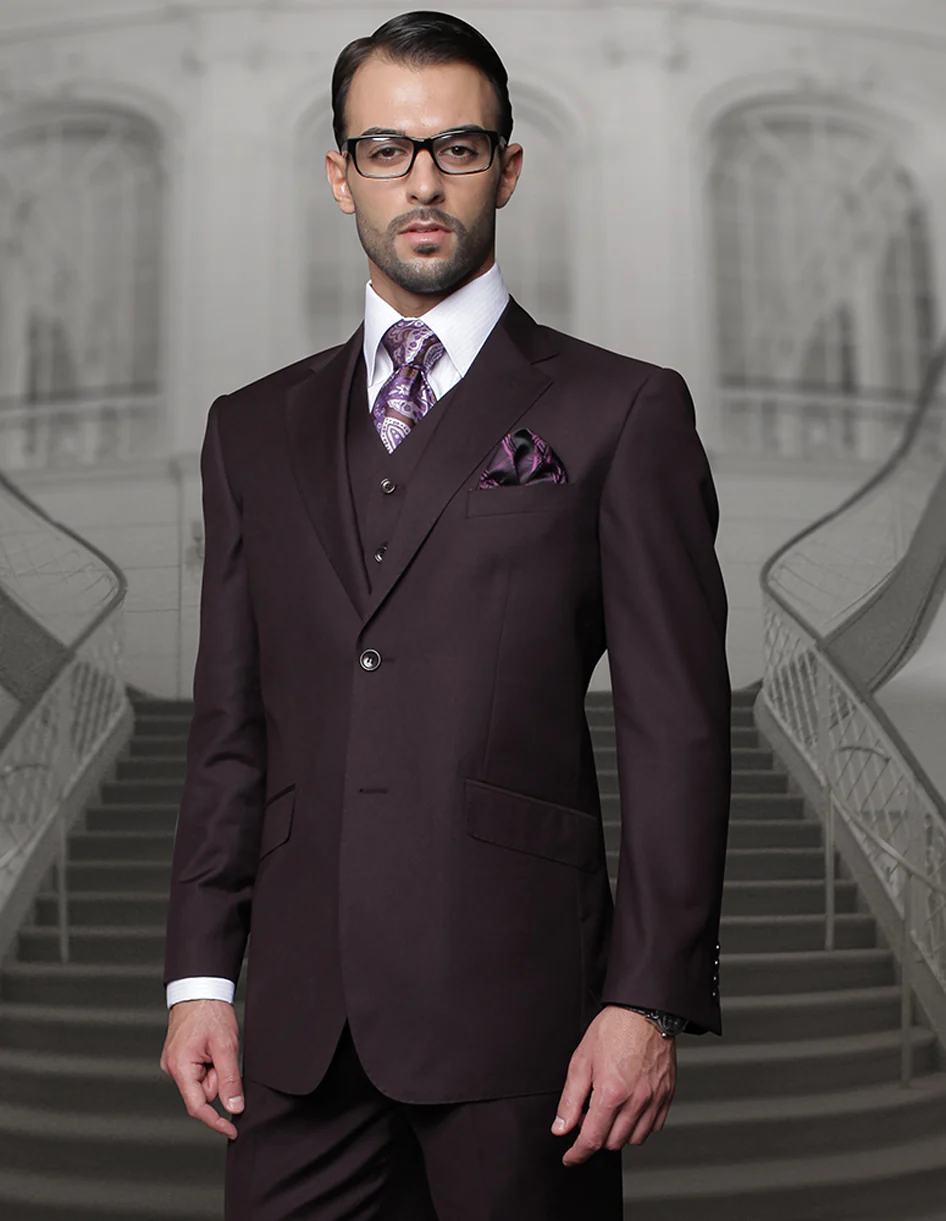 100 Percent Wool Fit Suit - Mens Wool Business EggplantSuits - New Arrival - 34 Short or Extra Small