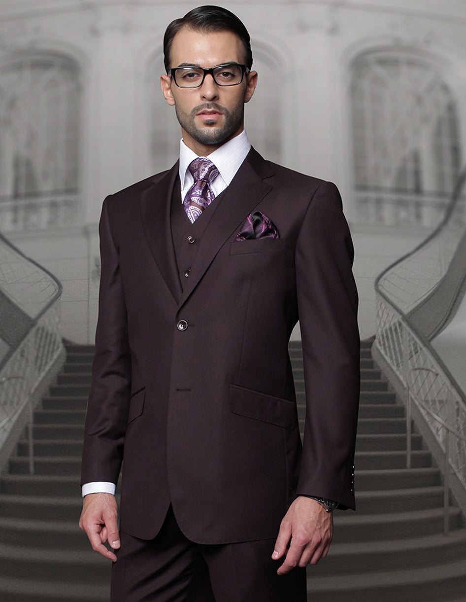 Mens 2 Button Modern Fit Vested Wool Suit in Eggplant - 36 Short