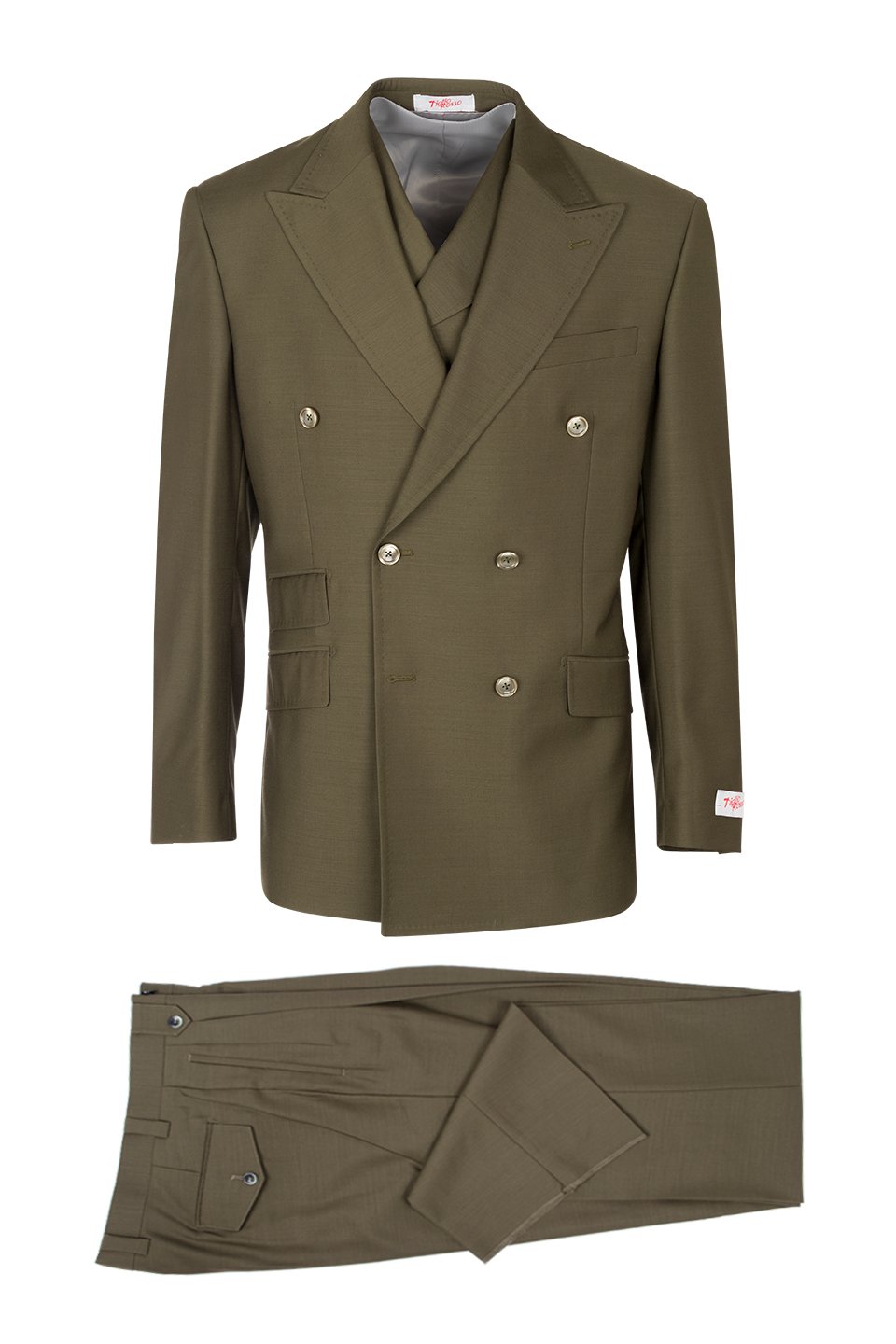 Tiglio Italian Suit - Real Wool Fabric Super 150's EST Olive, Wide Leg Suit & Vest in Color Olive - 40R