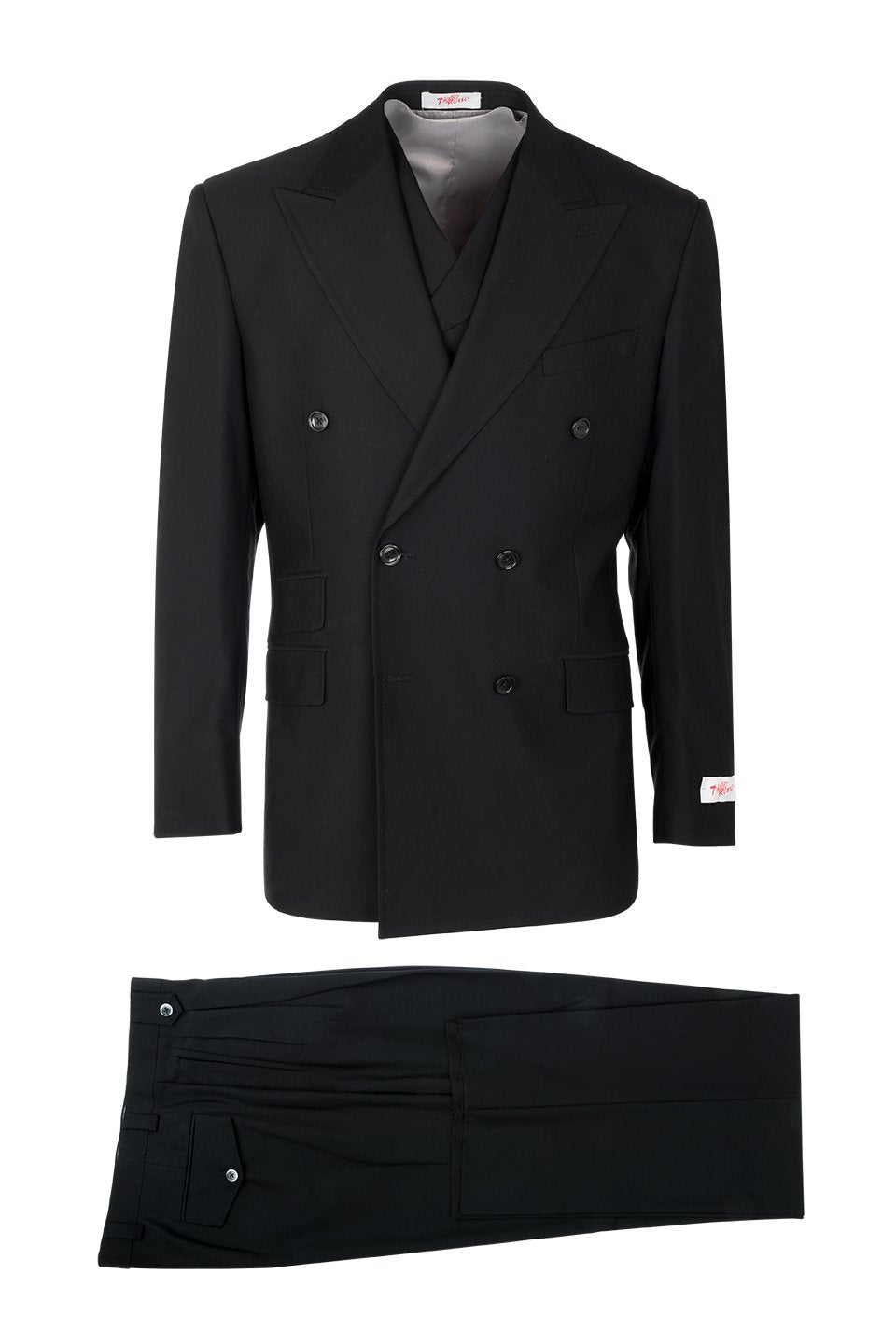 Tiglio Italian Suit - Real Wool Fabric Super 150's EST Black, Double Breast  Wide Leg Suit & Vest in Color Black - 40R