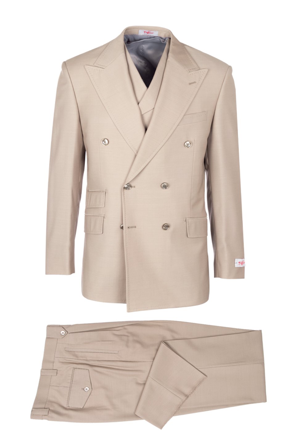 Tiglio Italian Suit - Real Wool Fabric Super 150's EST Tan, Wide Leg Suit & Vest in Color Beige - 40R