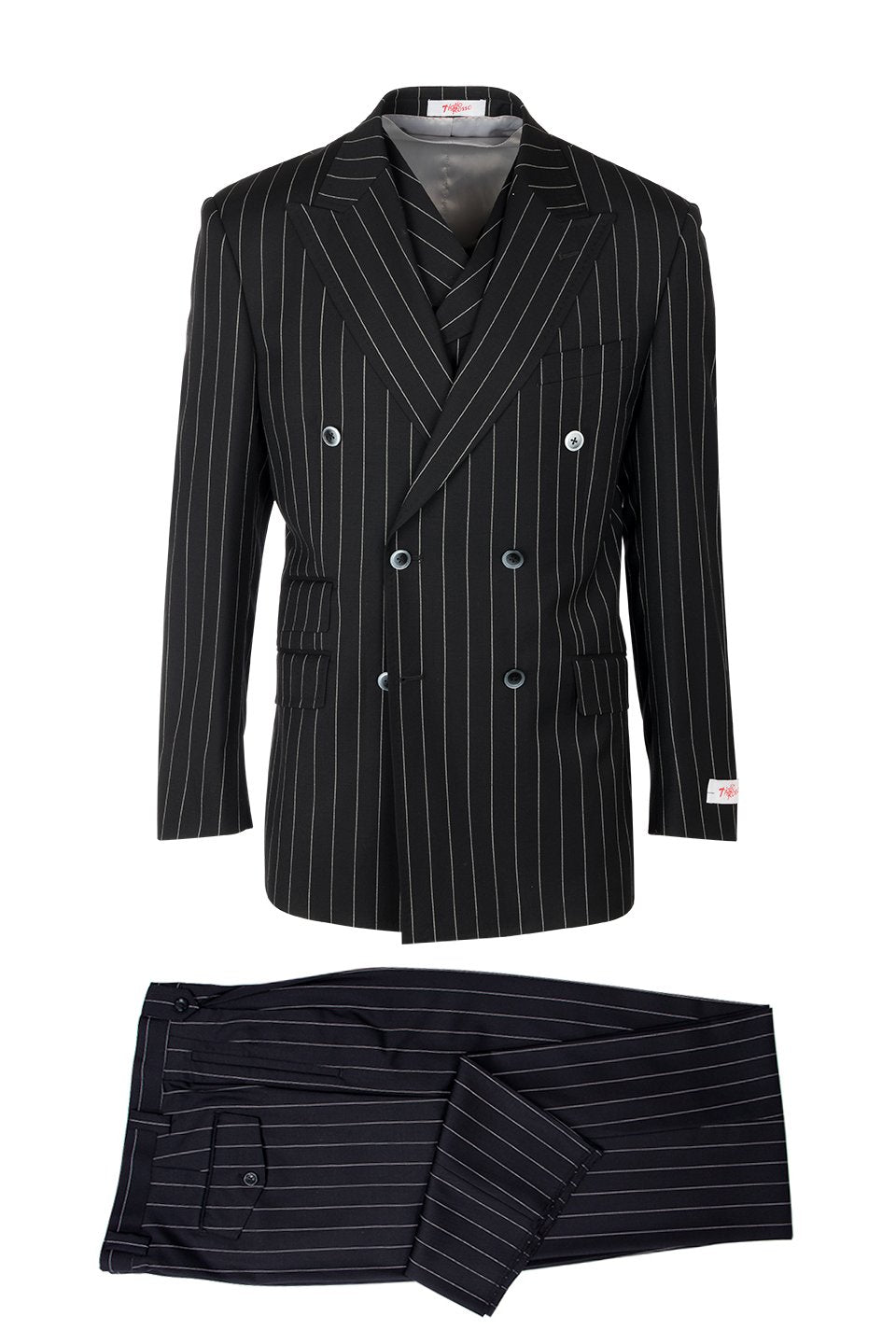Tiglio Italian Suit - Real Wool Fabric Super 150's EST Pinstripe, Wide Leg Suit & Vest in Color Black - 40R