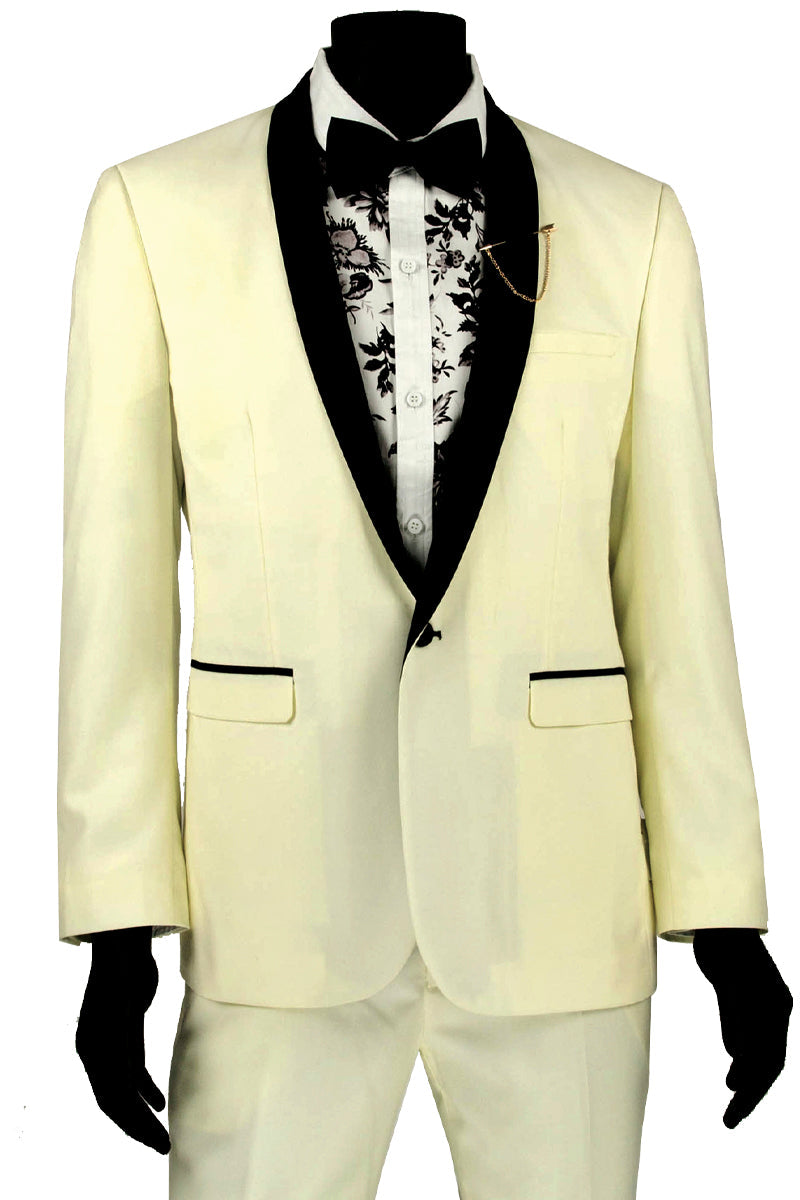 Mens Slim Fit One Button Shawl Tuxedo in Ivory - 40 Short