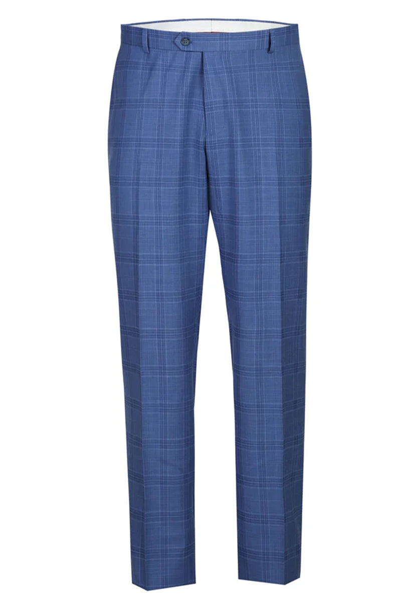 "Light Blue Windowpane Plaid Men's Slim Fit Two-Button Suit" - 38 Short