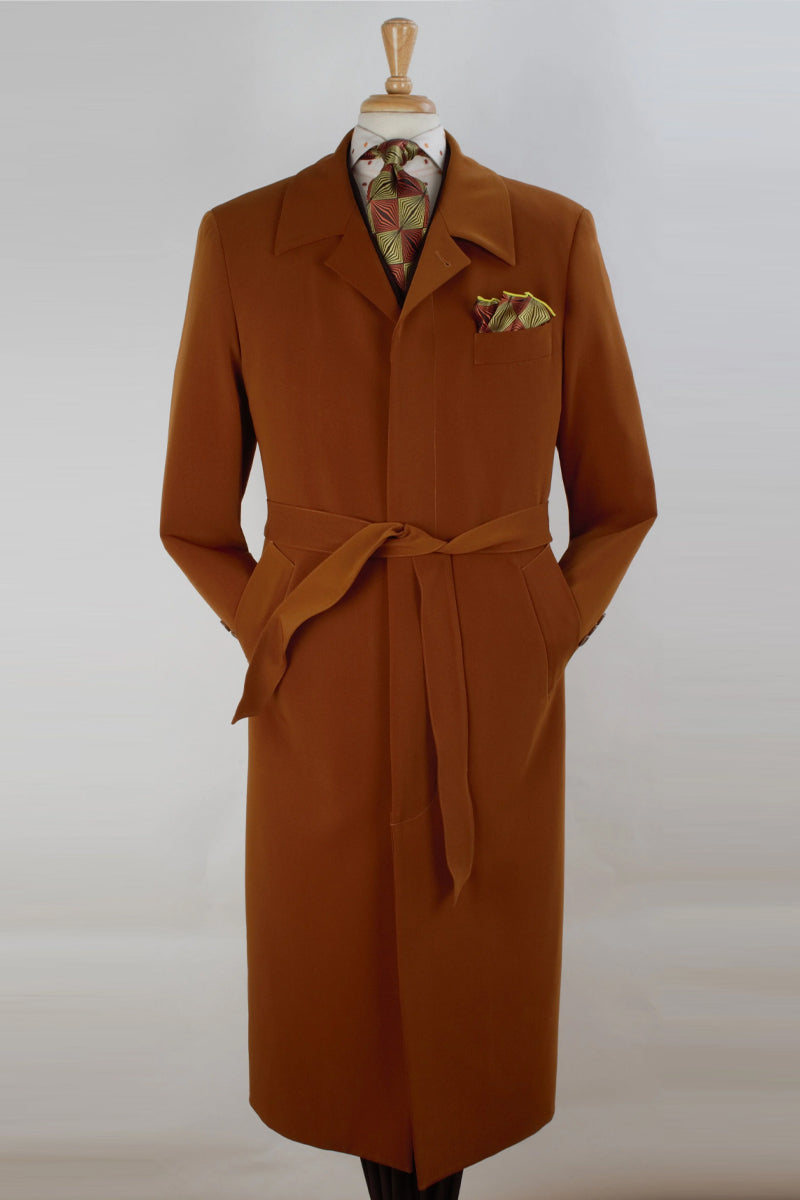 "Copper Men's Wool Overcoat - Full Length with Belt"