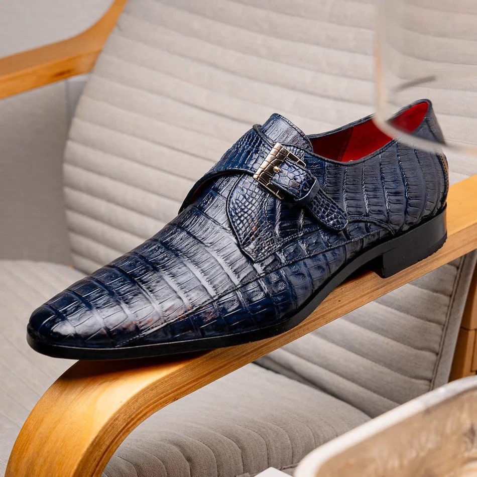Marco Di Milano Rovigo Men's Shoes Navy Exotic Crocodile Skin Single Monk-strap Loafers - 8