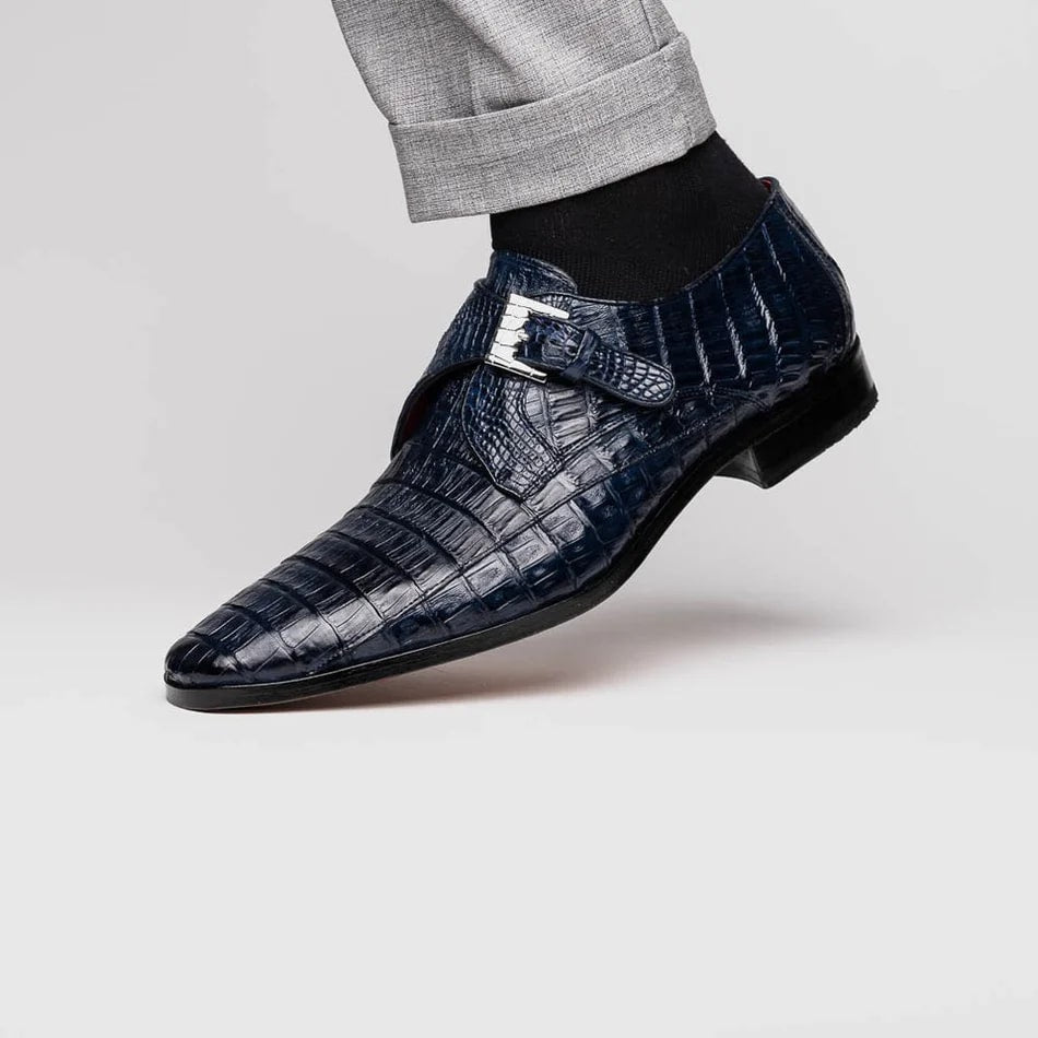 Marco Di Milano Rovigo Men's Shoes Navy Exotic Crocodile Skin Single Monk-strap Loafers - 8