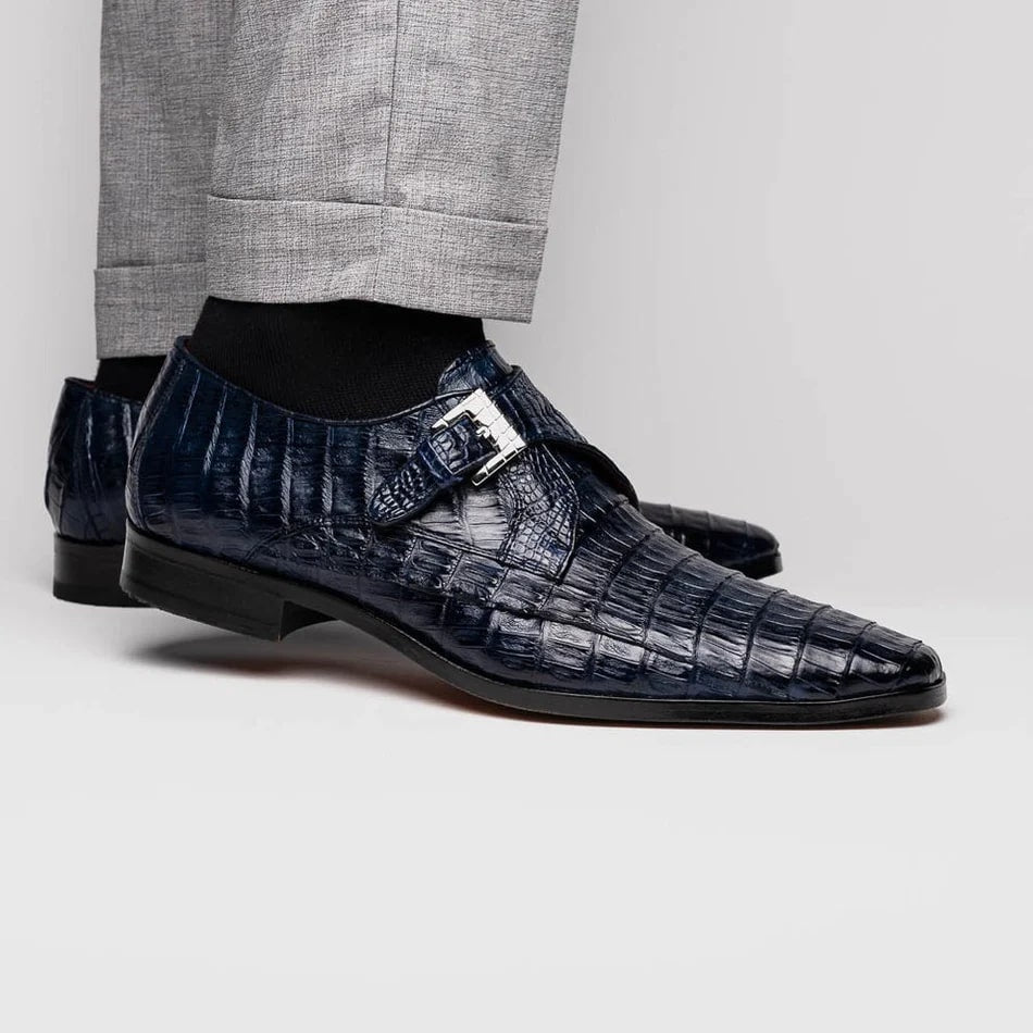 Marco Di Milano Rovigo Men's Shoes Navy Exotic Crocodile Skin Single Monk-strap Loafers - 8